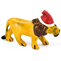 Hand Carved &amp; Painted Jacaranda Wood Santa Hat Lion Safari Christmas Figurine - £3.94 GBP