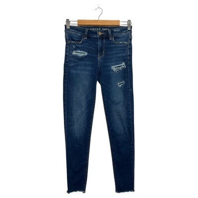 American Eagle Jegging Jeans Womens 4 Blue Distressed Stretch Frayed Hem... - $24.74