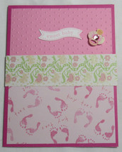 Stampin up! Handmade Card Sweet Baby Glitter Pink Flower Feet Girl Embossed Dots - £4.85 GBP