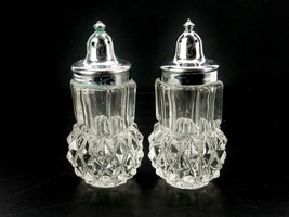 Cut Glass Salt &amp; Pepper Shakers, Faceted Diamonds, Metal Lids, Vintage 1... - $24.45