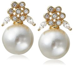 Stella + Ruby Gold Plated Wonderland Pearl Cubic Zirconia Crystal Post E... - $7.49