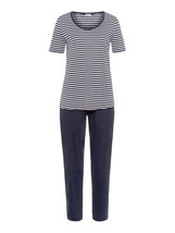 Hanro Womens Laura Short Sleeve Long Pajama Set in Midnight Stripe, Large - $108.90