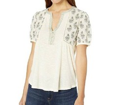 Lucky Brand Womens XS Natural Cream Floral Embroidered Trim Mixed Media Top NWT - £16.24 GBP