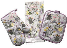 Easter Dish Towel Pot Holder Oven Mitt set of 3 Bunny Peter Cottontail Spring - £19.48 GBP