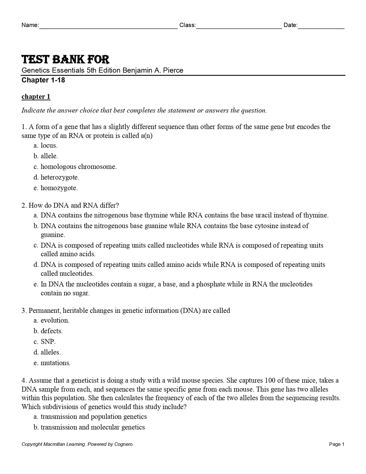 Test Bank For Genetics Essentials 5th Edition by Benjamin A. Pierce Chap... - $17.99