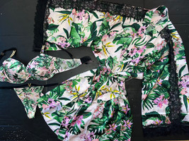 Victoria&#39;s Secret 36C,36D Bra Set+Robe Palm Satin Green Pink Black Shine Strap - £132.33 GBP