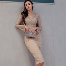 Spring V-Neck Lace Stitching Knee-Length High Waist Tight Dress - $55.95