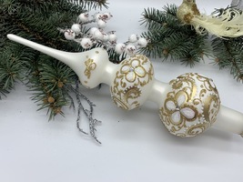Big white with gold glitter Christmas glass tree topper, Christmas finial - $30.38