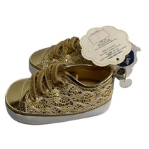 New First Steps Girls Baby Infant Size 3 Gold Lace Sneaker Shoes Slip On - $9.41