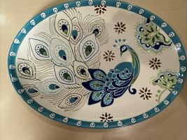 Dutch Wax Hand Painted Embossed Vibrant Peacock Serving Platter 13.25” x... - $34.37