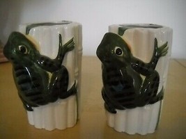 VINTAGE Ceramic VANITY Containers WHITE BAMBOO Design FROGS On SIDES Lea... - £21.56 GBP