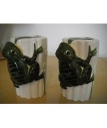 VINTAGE Ceramic VANITY Containers WHITE BAMBOO Design FROGS On SIDES Lea... - £21.55 GBP