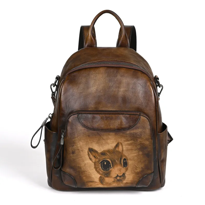   Cowhide Large Capacity Backpack For Women&#39;s Retro  Leather Handbag Animal Prin - £86.06 GBP