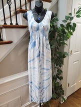 Raviya Womens White Blue Tie Dye 100% Rayon V Neck Sleeveless Maxi Dress Small - £21.96 GBP