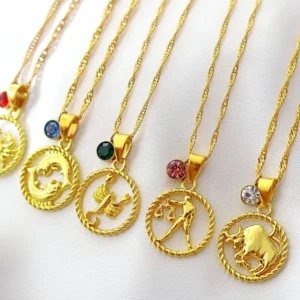 18K Gold Zodiac Sign &amp; Birthstone Necklace | Hypoallergenic &amp; Nickel-Fre - £36.26 GBP