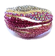 Rhinestone Crystal Bangle, Pink Cuff Bracelet, Hinged Statement Pageant Jewelry, - £38.34 GBP