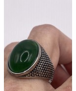 Vintage Green Chrysoprase Men&#39;s Ring Silver Stainless Steel Genuine Size 12 - £35.20 GBP