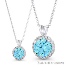 Round Cut Simulated Blue Topaz Cubic Zirconia CZ Halo Pendant in 14k White Gold - $89.09+