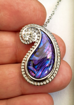 Paisley Pendant Necklace Purple Paua Abalone Shell CZ Gem 18&quot; Chain Boxed  - £9.32 GBP