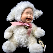 Geppeddo Lacy Lamb 8&quot; White w Porcelain Baby Face Plush Stuffed Sheep 2001 Vtg - £14.58 GBP