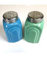 Art Deco Blue Green Ceramic Salt &amp; Pepper Shakers Metal Lids Vtg - $498.07 MXN