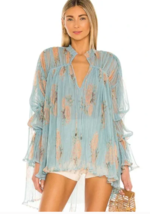 Free People Womens Tie Neck Bell Sleeve Tunic Blouse, Size Medium – Blue - £70.40 GBP
