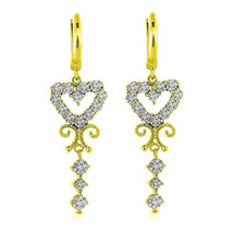 Women 14k Yellow Gold Heart Shaped Drop Chandelier White Sapphire Huggie Earring - £277.04 GBP