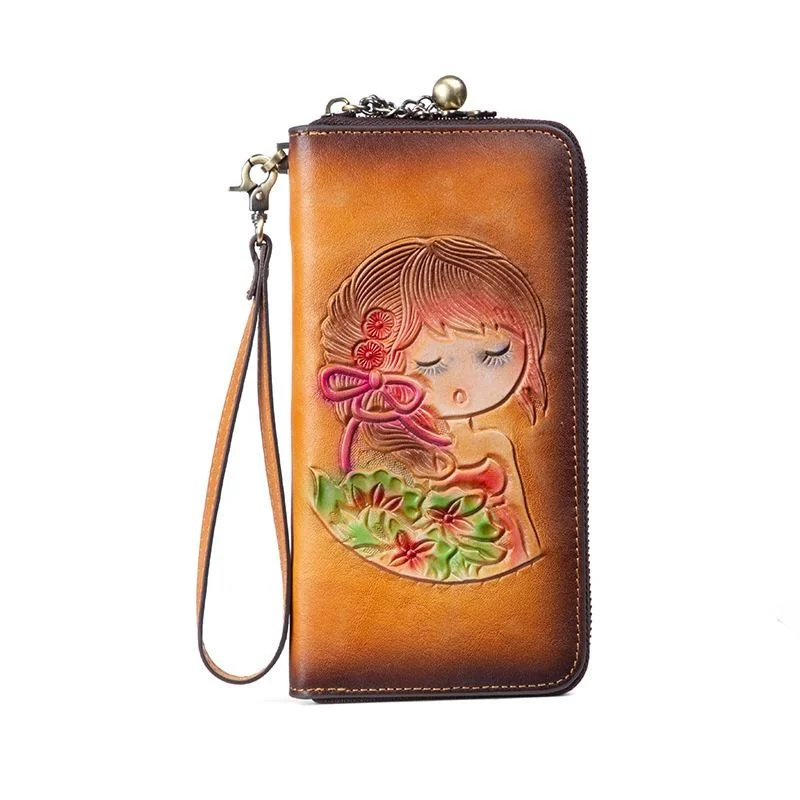 Retro Women's Wallets Cartoon Embossed Leather Wallets Woman's Card Holder Vint
