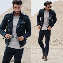 Men&#39;s Genuine Lambskin Quilted Leather Motorcycle Slim fit Biker Jacket ... - $69.29