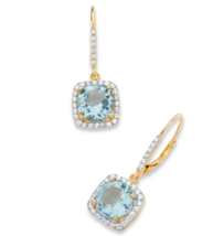 Round Sky Blue Topaz &amp; Cz Halo Drop Gp Earrings 14K Gold Sterling Silver - £135.57 GBP