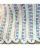 34x44&quot; Crochet Baby Blanket Handmade Multicolor Pastel Pink Blue With Wh... - £6.94 GBP