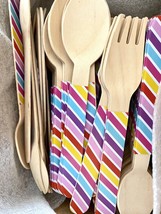 Eco Friendly Candy Striped Wooden Forks and Spoons Bundle of 105 Pieces - £12.78 GBP