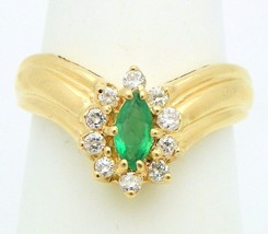 Emerald Solitaire & 1/5ct Diamond Ring REAL SOLID 14k Yellow Gold 3.4g Size 6.75 - £607.27 GBP