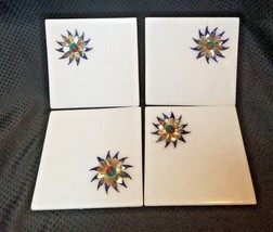 Drink Coasters Solid Marble Semi Precious Stones Inlay Sun Design Handcrafted x4 - £39.52 GBP