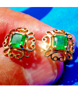 Earth mined Emerald Deco Design Earrings Unique Vintage Studs Solid 14k ... - $2,570.25 CAD