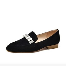 BeauToday Suede Loafers Women Leather Flats Pearl Decoration Round Toe Spring Au - £122.31 GBP