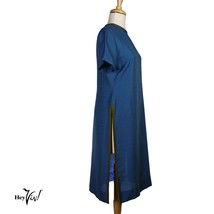 Vintage Blue Tunic Sheath Dress w Olive Trim &amp; Side Slits Sz M Petite - ... - £28.71 GBP