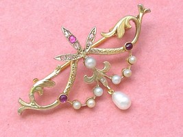 ANTIQUE ART NOUVEAU .08ctw ROSE DIAMOND &amp; RUBY PEARL 18K PENDANT / BROOC... - £660.94 GBP