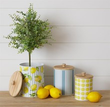 Set of Lemon and Blue Stripe Canisters with wood Lids - £37.65 GBP