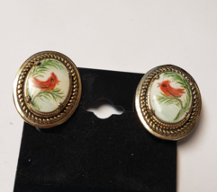 1960s Painted Porcelain Baby Red Bird Cardinal Oval Gold Tone Clip on Earrings - $42.39