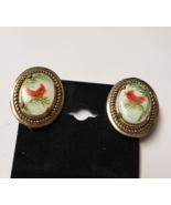 1960s Painted Porcelain Baby Red Bird Cardinal Oval Gold Tone Clip on Ea... - $42.39