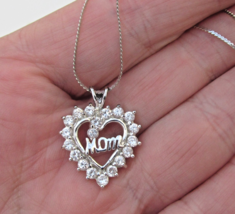 Sterling Silver Vtg Cubic Zirconia "MOM" Heart Charm Bracelet, Mother's Day - $17.77