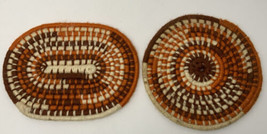 2 Vintage Retro Hot Pads Trivets Orange Brown Cream Round and Oval - £11.68 GBP