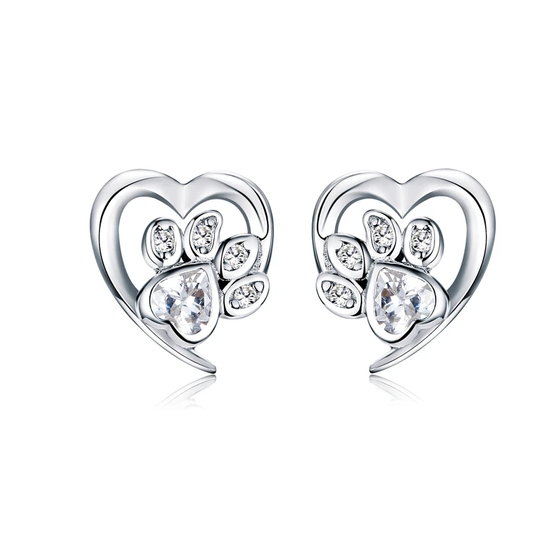 925 Sterling Silver Paw Dog Footprint Heart Stud Earrings For Women Stylish Zirc - $22.56