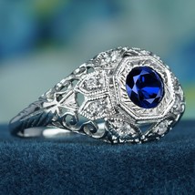 Natural Blue Sapphire Diamond Vintage Style Filigree Dome Ring in Solid 9K Gold - £562.99 GBP