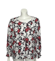 Chicos Shirt 3 (XL) Floral Long Sleeve Smocked Cuff Tee Coral Zinnia - £15.34 GBP