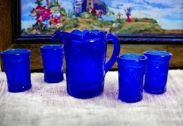5 Piece Set Vintage Miniature Cobalt Blue Peacock Pitcher &amp; 4 Glasses Wa... - £11.68 GBP