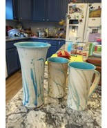 beautiful teal 7&quot; hand thrown pottery vase with matching coffee cups - s... - $84.03 CAD