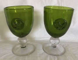 2 Clear Ball Stem Green Bubbles Bowl Rooster Medallion Water Wine Glass Goblets - £15.97 GBP