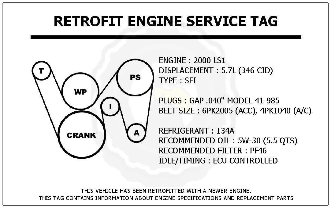 2000 LS1 5.7L Trans Am Retrofit Engine Service Tag Belt Routing Diagram ... - $14.95